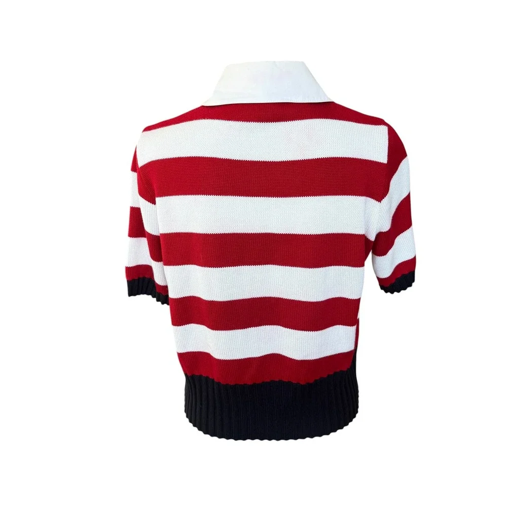 Lucia Vintage Red White Striped Knit Cardigan Short Sleeve Button Front Top 10